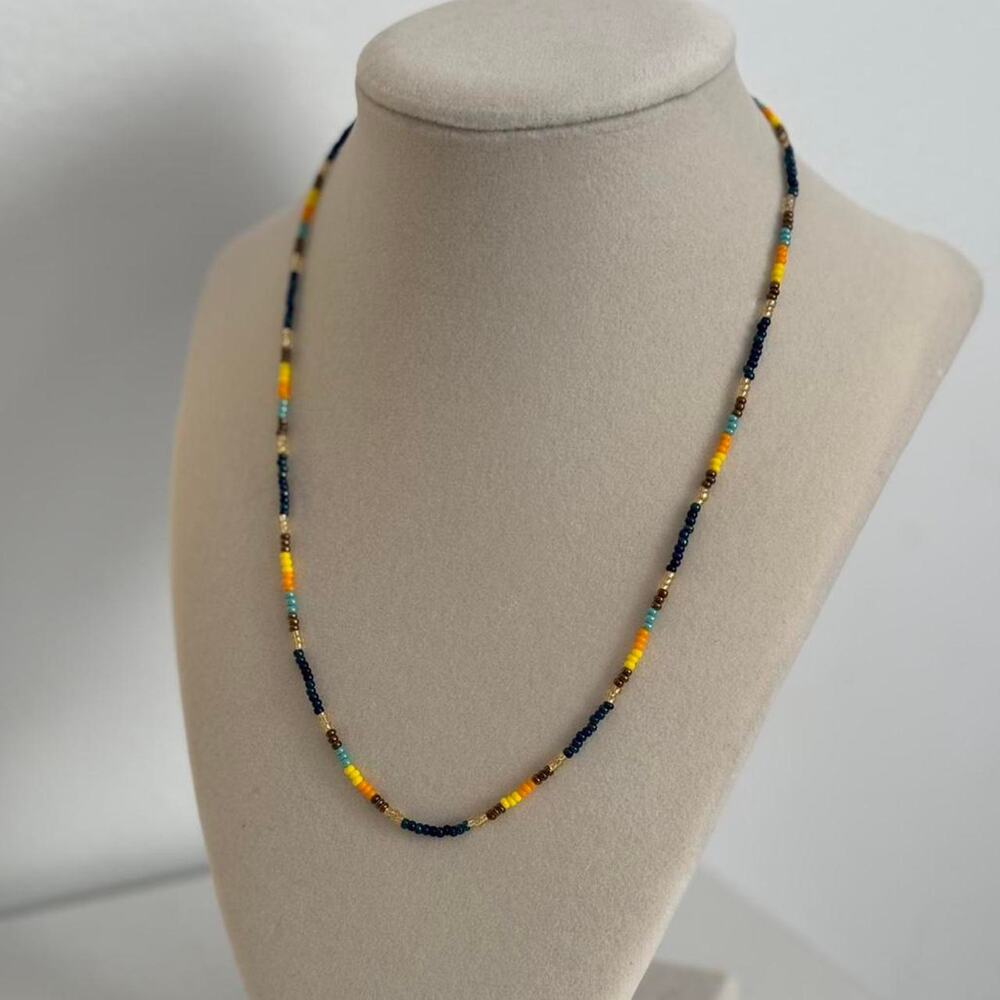 Yellow Blue Beaded Necklace Handmade Colorful Jewelry Unique Artisan Gift - Picture 3 of 4